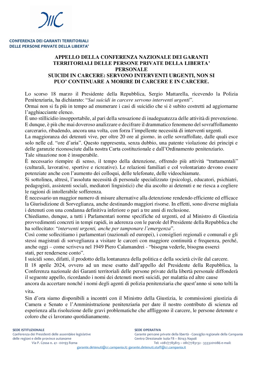 18 aprile APPELLO DELLA CONFERENZA NAZIONALE DEI GARANTI TERRITORIALI DELLE PERSONE PRIVATE DELLA LIBERTA PER