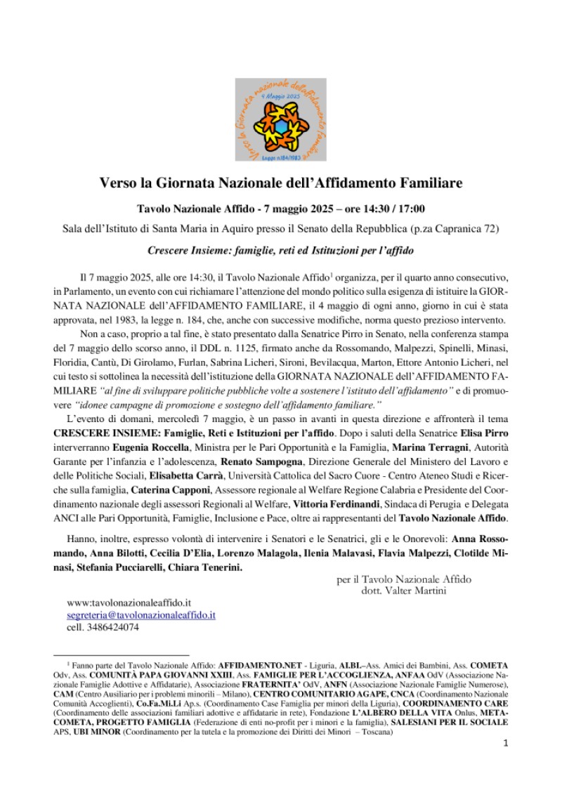Comunicato 7 maggio 2025 Tavolo Nazionale Affido